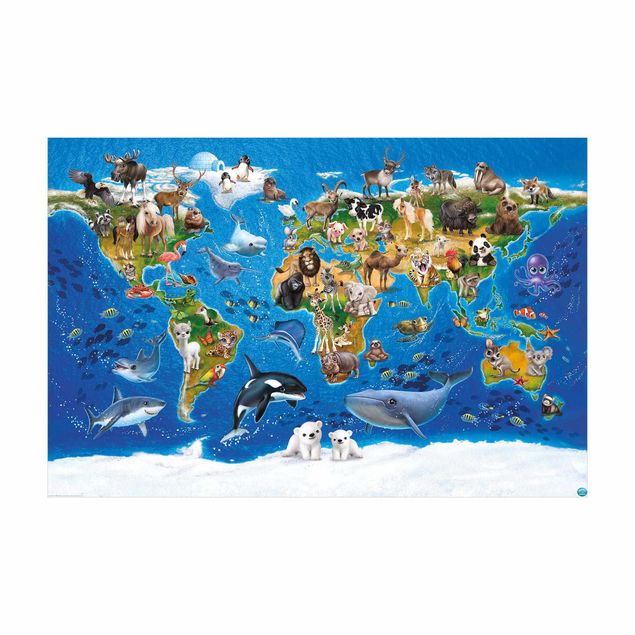 Wanddeko Jungenzimmer Animal Club International - Weltkarte mit Tieren
