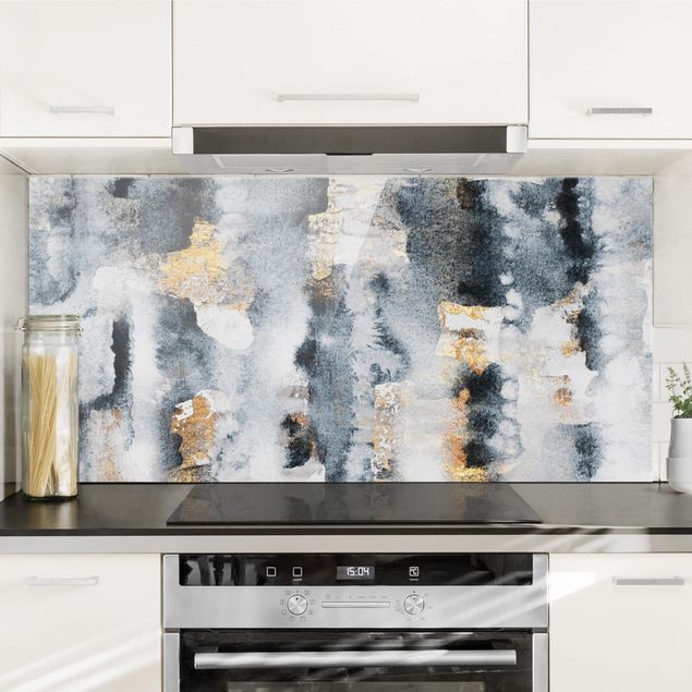 Wanddeko Küche Abstraktes Aquarell mit Gold
