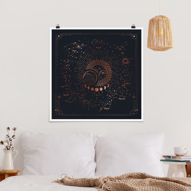 Poster - Astrologie Sonne Mond und Sterne Blau Gold - Quadrat 1:1