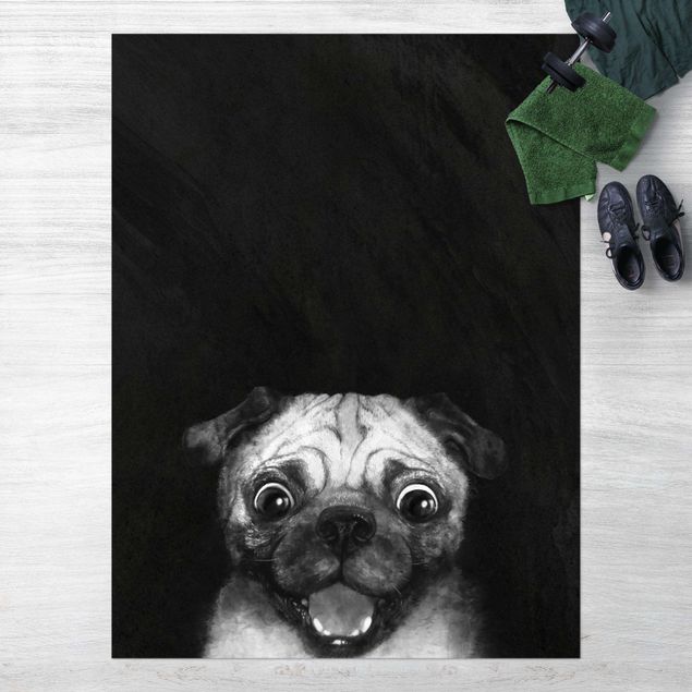 Wanddeko Flur Illustration Hund Mops Malerei auf Schwarz Weiß