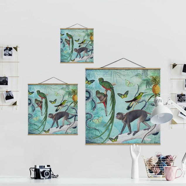 Wanddeko grün Colonial Style Collage - Äffchen und Paradiesvögel