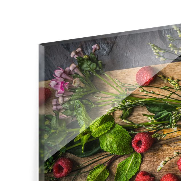 Glasrückwand Küche Blumen Blumen Himbeeren Minze