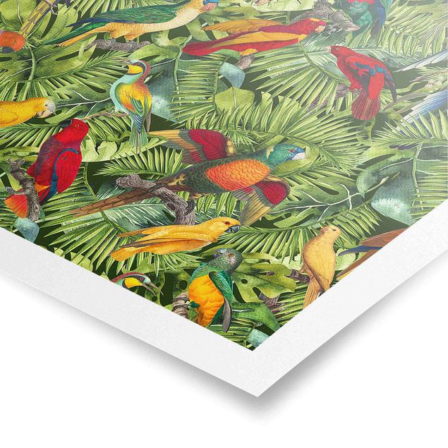 Wanddeko Büro Bunte Collage - Papageien im Dschungel