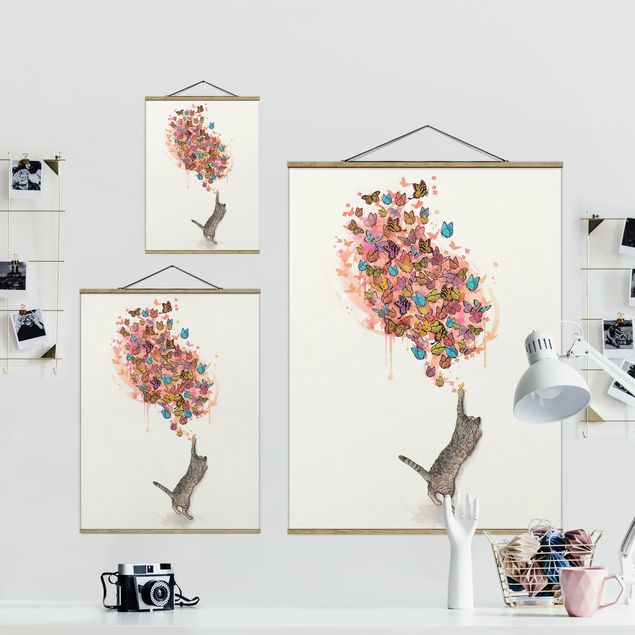 Wandbilder Katzen Illustration Katze mit bunten Schmetterlingen Malerei