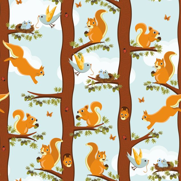 Wanddeko Vögel Niedliches Kindermuster mit Eichhörnchen und Vogelbabys