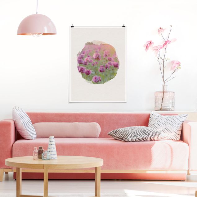 Wanddeko Schlafzimmer Wasserfarben - Violette Schlafmohn Blumenwiese im Frühling