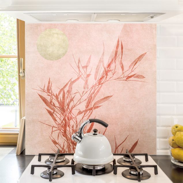 Wanddeko Küche Goldene Sonne mit Rosa Bambus