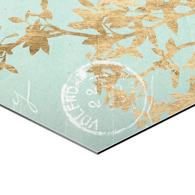 Wanddeko über Bett Goldene Blätter auf Turquoise II