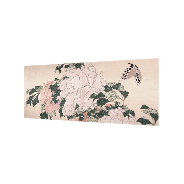 Wanddeko Malerei Katsushika Hokusai - Rosa Pfingstrosen mit Schmetterling