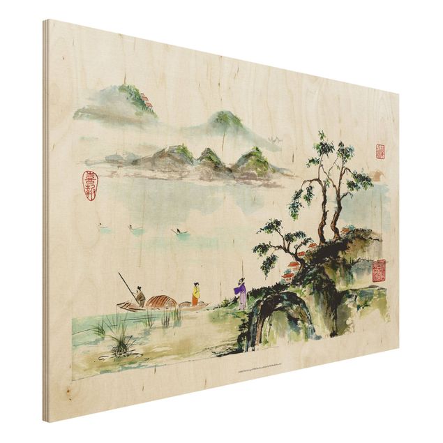 Wanddeko Schlafzimmer Japanische Aquarell Zeichnung See und Berge