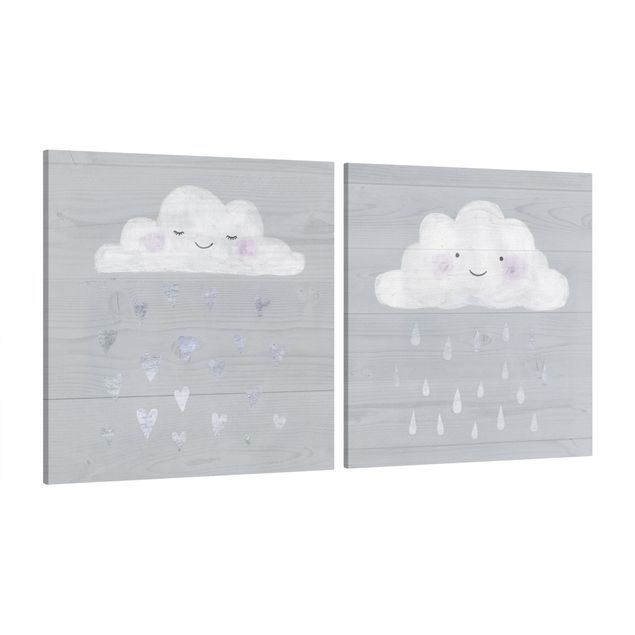 Wanddeko Mädchenzimmer Wolken mit silbernen Herzen und Tropfen Set I