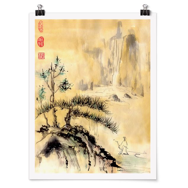 Wanddeko Esszimmer Japanische Aquarell Zeichnung Zedern und Berge