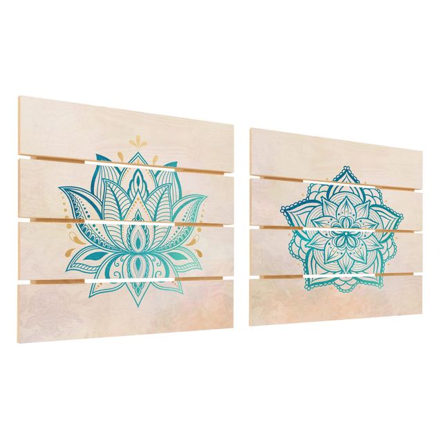 Wanddeko Praxis Mandala Hamsa Hand Lotus Set gold blau