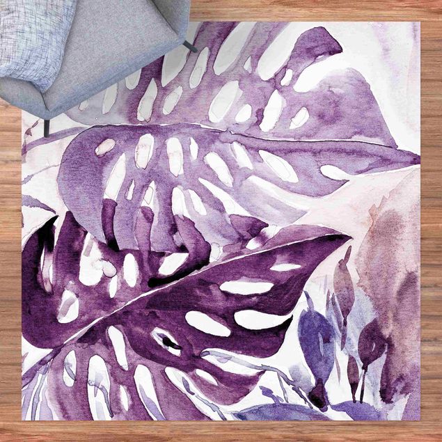 Wanddeko Esszimmer Aquarell Tropische Blätter mit Monstera in Aubergine