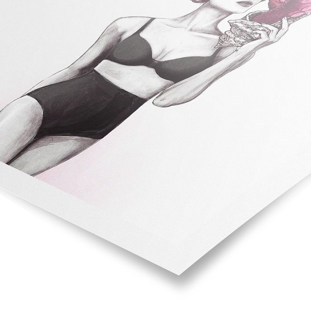 Wanddeko Büro Illustration Frau in Unterwäsche Schwarz Weiß Oktopus
