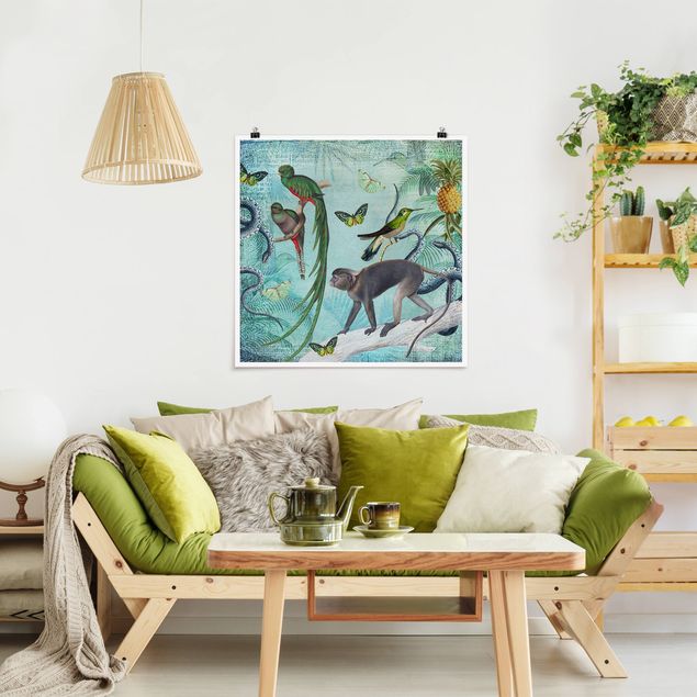 Wanddeko Schlafzimmer Colonial Style Collage - Äffchen und Paradiesvögel