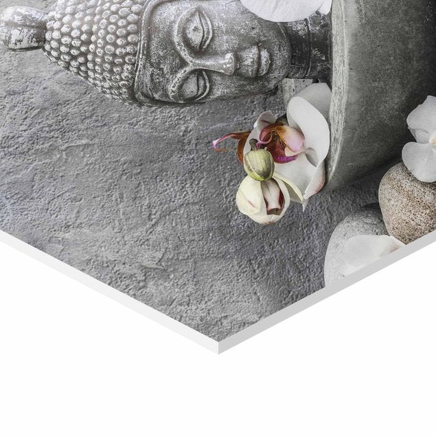 Wanddeko über Sofa Zen Buddha, Orchideen und Steine