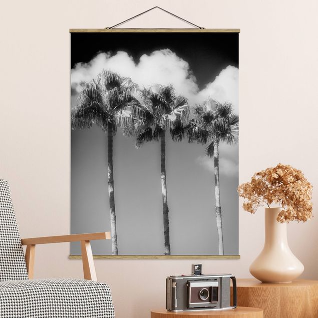 Wanddeko Wohnzimmer Palmen vor Himmel Schwarz-Weiß