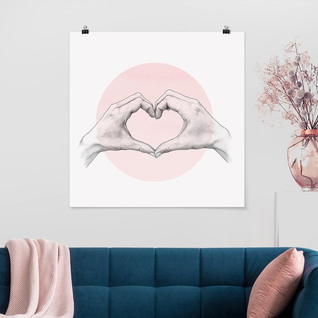 Wanddeko Wohnzimmer Illustration Herz Hände Kreis Rosa Weiß