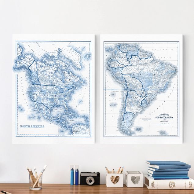 Wanddeko Wohnzimmer Karten in Blautönen Nord- und Südamerika Set I