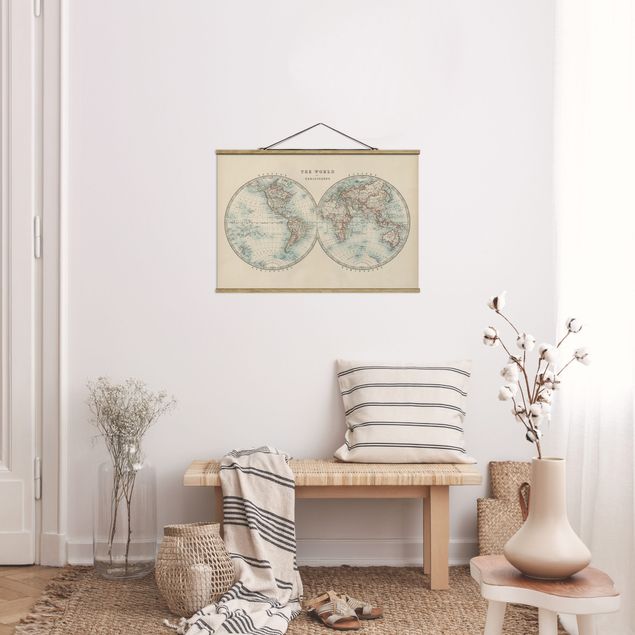 Wanddeko beige Vintage Weltkarte Die zwei Hemispheren