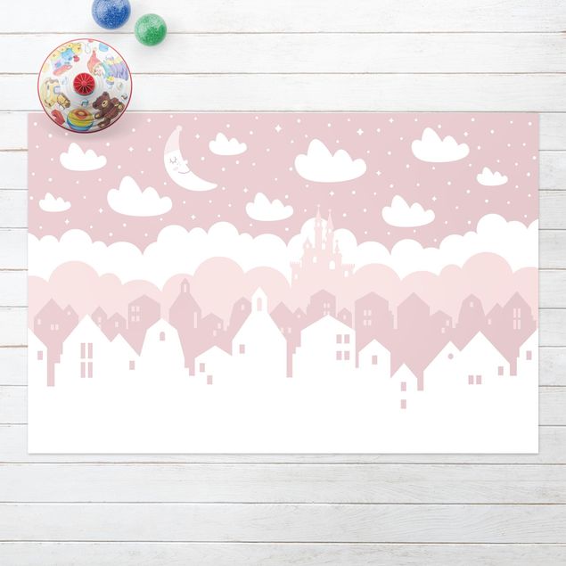 Wanddeko Büro Sternenhimmel mit Häusern und Mond in rosa