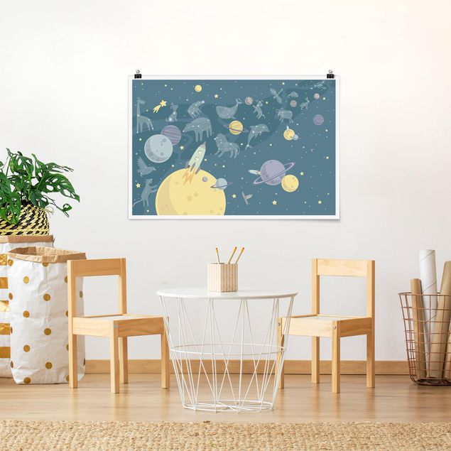 Wanddeko Büro Planeten mit Sternzeichen und Raketen