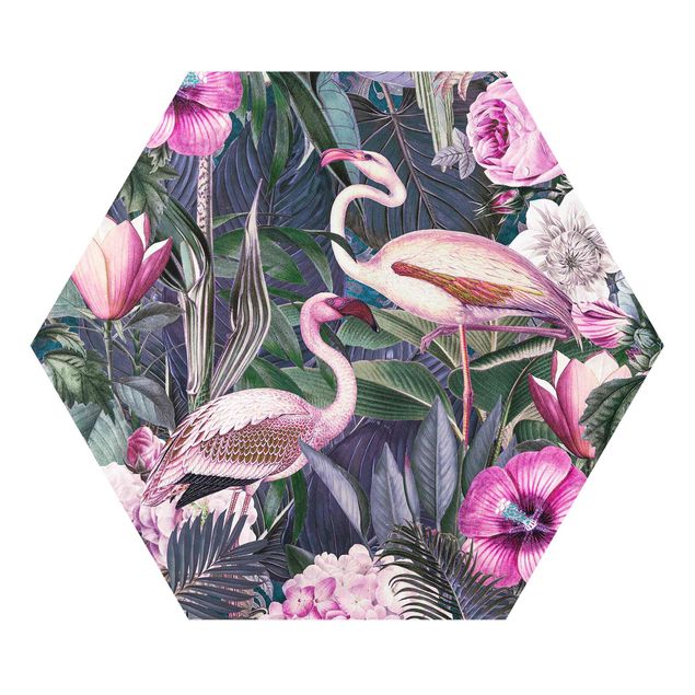 Wanddeko Büro Bunte Collage - Pinke Flamingos im Dschungel