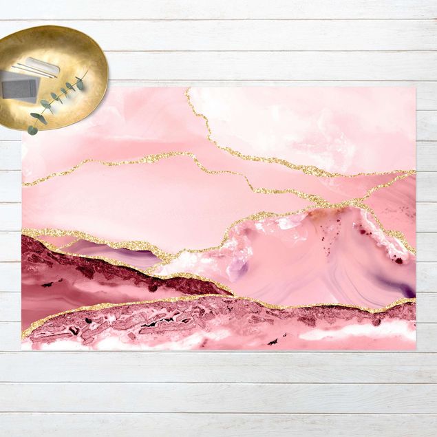 Wanddeko Flur Abstrakte Berge Rosa mit Goldenen Linien
