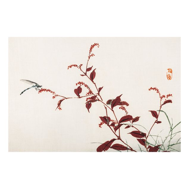 Wanddeko Aquarell Asiatische Vintage Zeichnung Roter Zweig mit Libelle