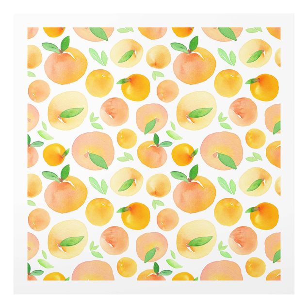 Wohndeko Muster Aquarell Orangen mit Blättern in weißem Rahmen