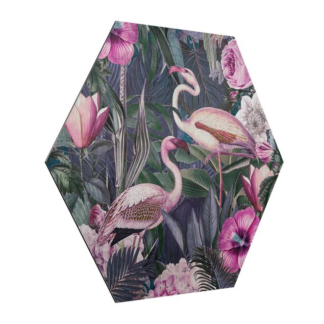 Wanddeko Esszimmer Bunte Collage - Pinke Flamingos im Dschungel