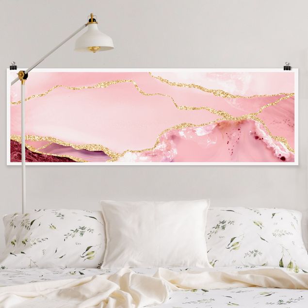 Wanddeko Schlafzimmer Abstrakte Berge Rosa mit Goldene Linien
