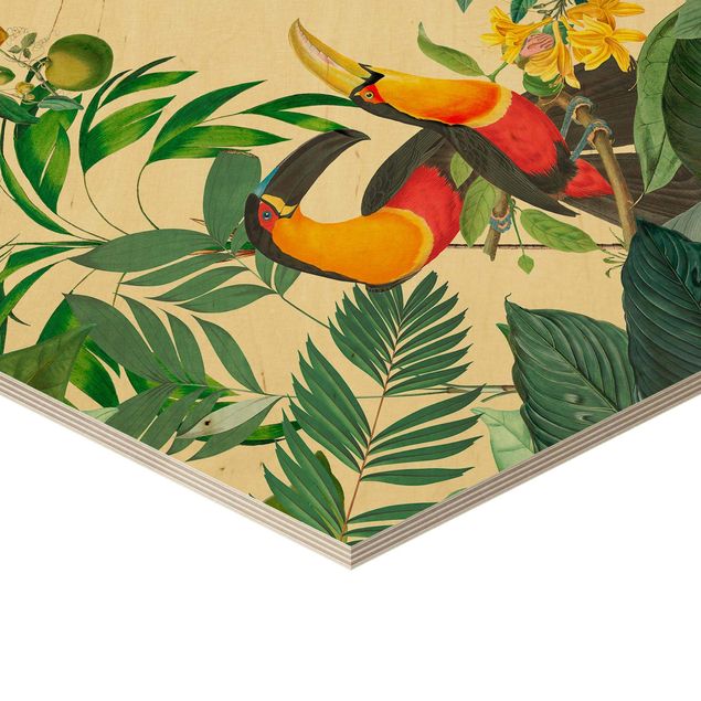 Wanddeko über Sofa Vintage Collage - Vögel im Dschungel
