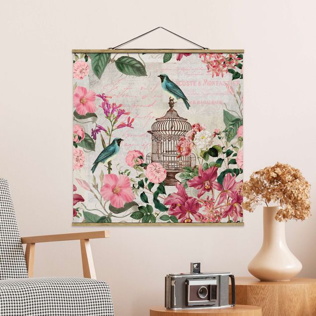 Wanddeko Wohnzimmer Shabby Chic Collage - Rosa Blüten und blaue Vögel