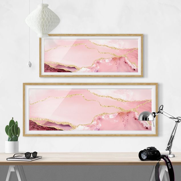 Wanddeko über Sofa Abstrakte Berge Rosa mit Goldenen Linien