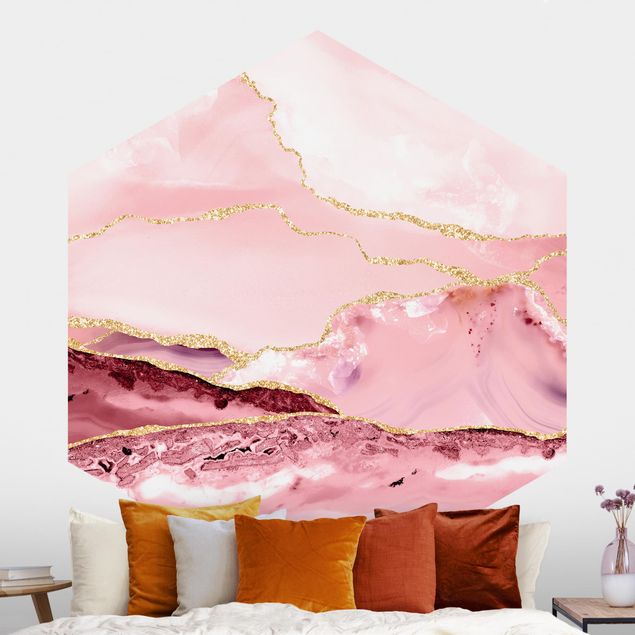 Wanddeko Schlafzimmer Abstrakte Berge Rosa mit Goldenen Linien
