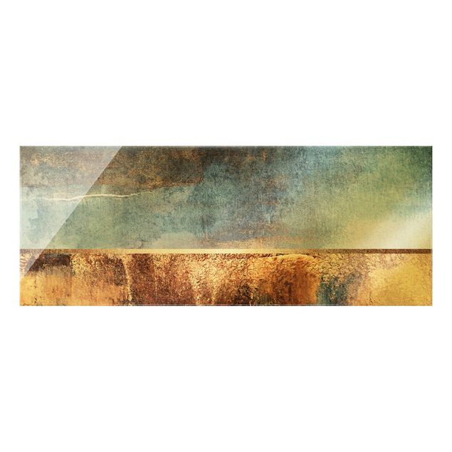 Wanddeko Treppenhaus Abstraktes Seeufer in Gold