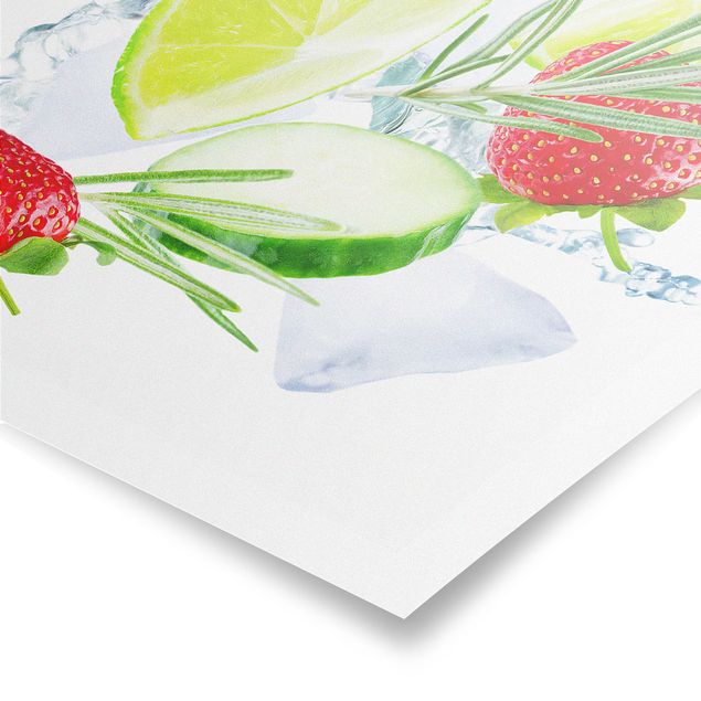 Wandbilder Früchte Erdbeeren Limetten Eiswürfel Splash