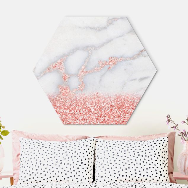 Wanddeko Schlafzimmer Mamoroptik mit Rosa Konfetti