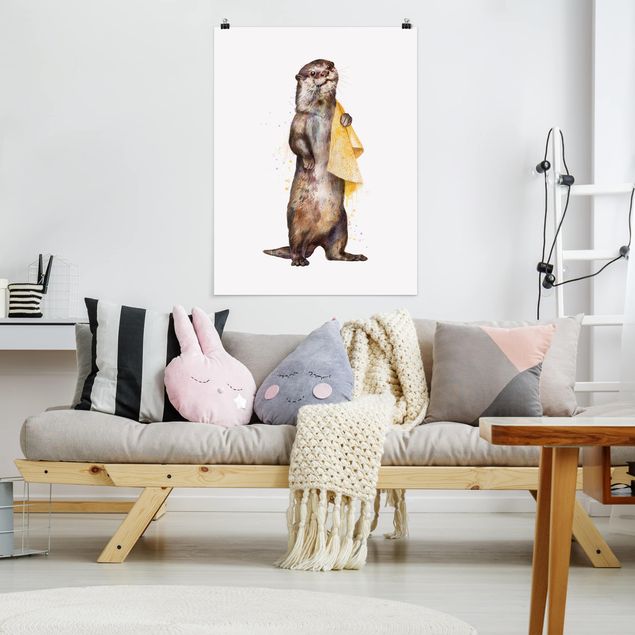 Wanddeko Flur Illustration Otter mit Handtuch Malerei Weiß