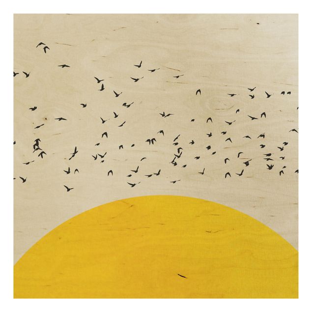 Wanddeko Schlafzimmer Vogelschwarm vor gelber Sonne