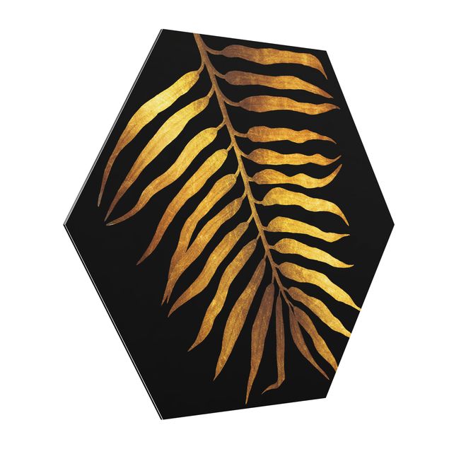 Wanddeko Esszimmer Gold - Palmenblatt II auf Schwarz