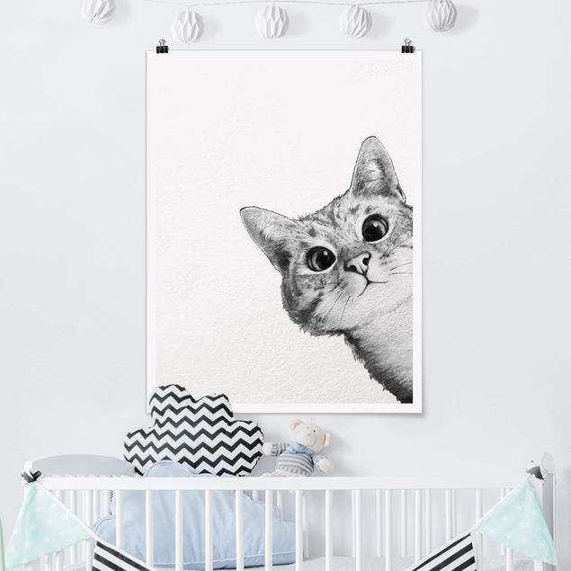 Babyzimmer Deko Illustration Katze Zeichnung Schwarz Weiß
