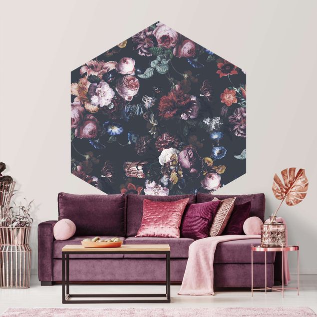 Wanddeko Flur Altmeisterliche Blüten mit Tulpen und Rosen auf Dunkelgrau