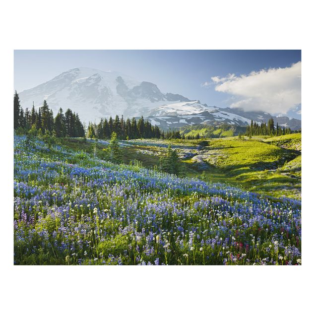Wanddeko Flur Bergwiese mit blauen Blumen vor Mt. Rainier