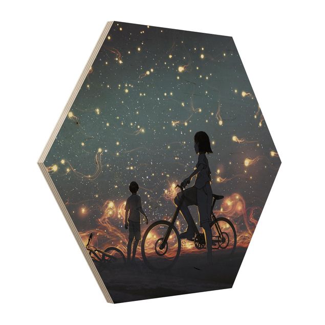 Wanddeko über Sofa Anime Zeichnung Lichter auf dem Fahrrad