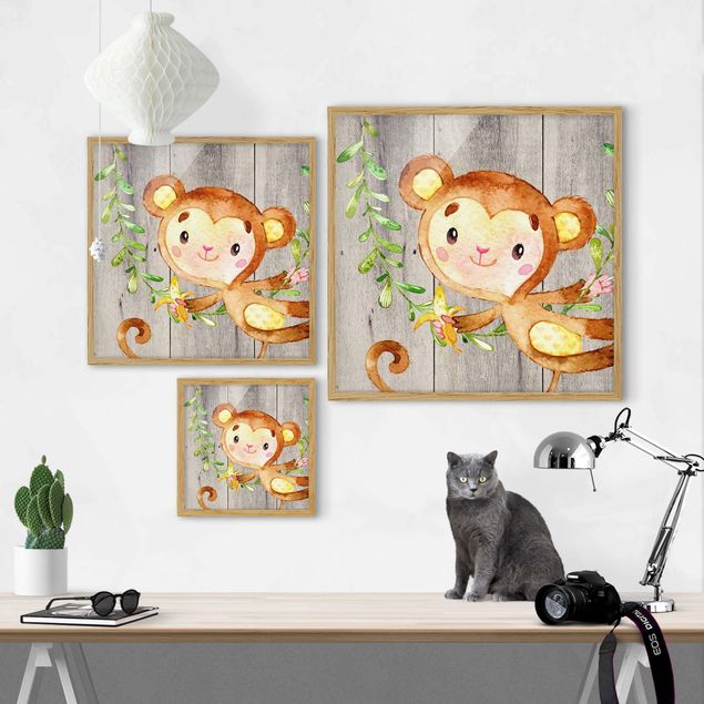 Wanddeko Jungenzimmer Aquarell Affe auf Holz