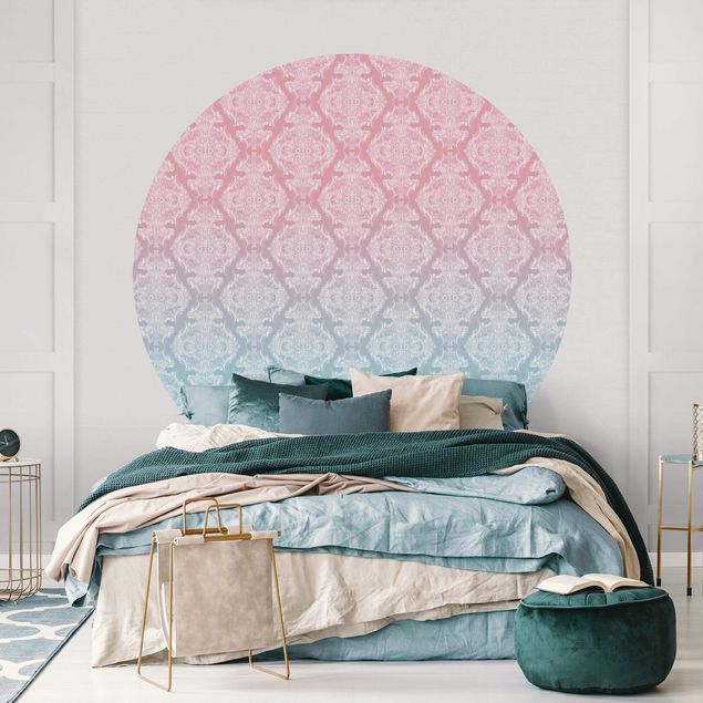 Wanddeko Wohnzimmer Aquarell Barock Muster mit Blau Rosa Verlauf