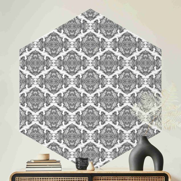Wanddeko Schlafzimmer Aquarell Barock Muster mit Ornamenten in Grau